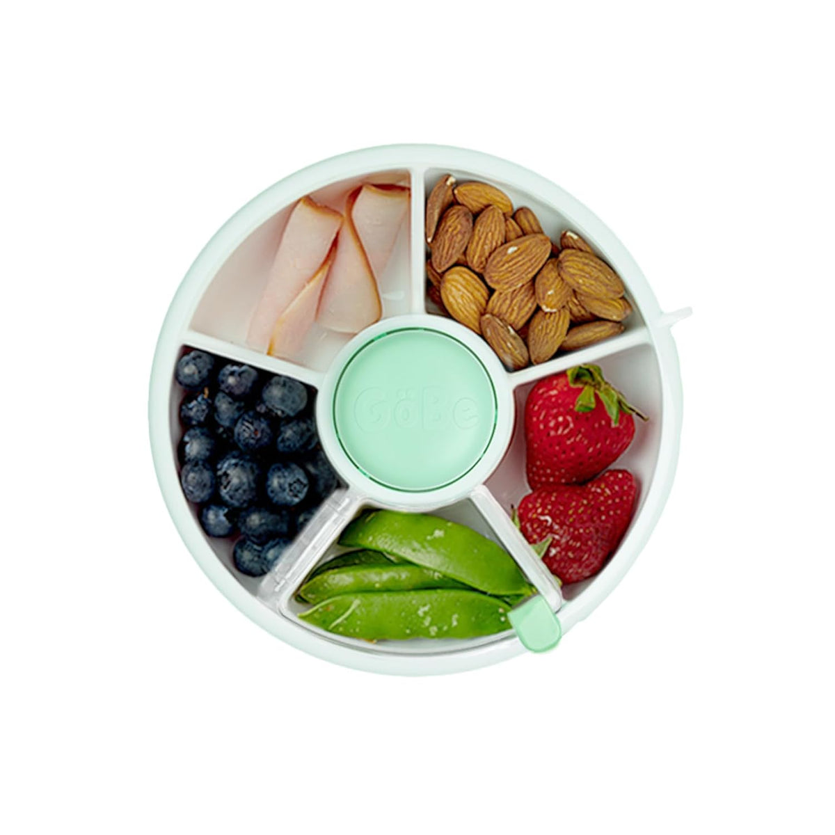 Kids Small Snack Spinner Flip Bundle with Hand Strap and Sticker Sheet - Reusable Snack Container with 5 Compartment Dispenser and Lid | BPA/PVC Free | Dishwasher Safe | No Spill- Mint Green