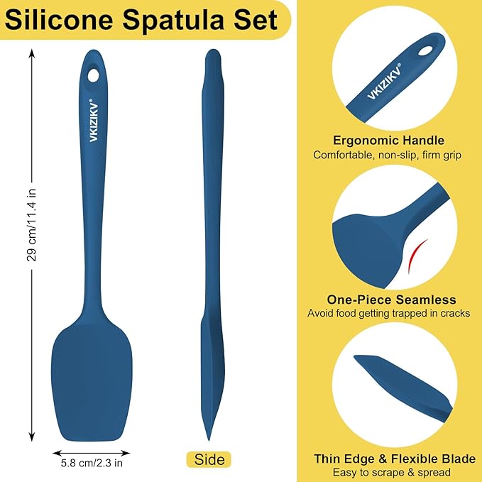 4 Pcs Silicone Spoon Spatula Set, 11.4 In, Food Grade Rubber Spatulas for Cooking, Baking, Mixing, 600°F Heat Resistant, Nonstick and Flexible Kitchen Utensils, Seamless Spoonula (Blue)