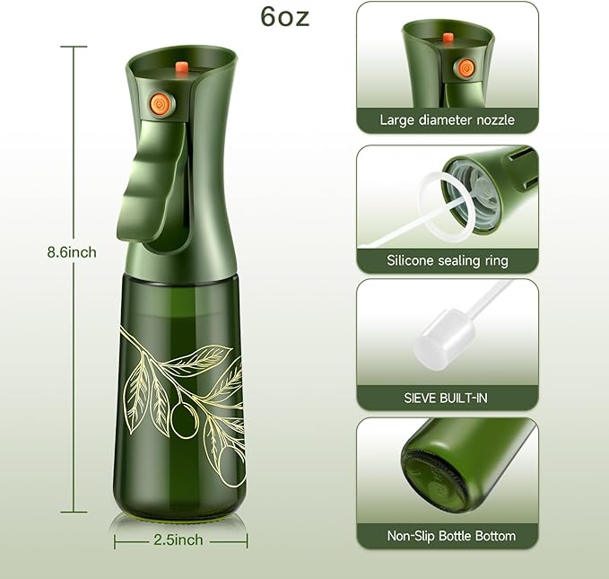 Glass Olive Oil Sprayer for Cooking, Oil Mister Continuous Cooking Spray with Portion Control for Kitchen 220ml/7.5 oz (Olive Green & Gold Print)