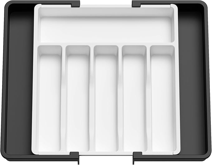 Lifewit Silverware Drawer Organizer, Expandable Utensil Tray for Kitchen, BPA Free Flatware and Cutlery Holder, Adjustable Plastic Storage for Spoons Forks Knives, 13-22 x 15", White&Black