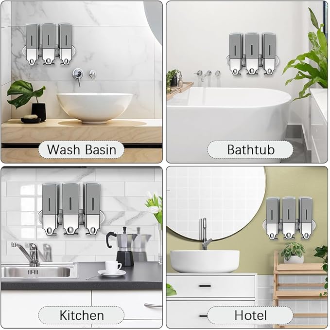 No-Drill 3 Pack 500ml Wall Mounted Soap Dispenser for Bathroom and Kitchen, Shampoo and Conditioner Dispenser Drill Free with Adhesive(Square-Grey)