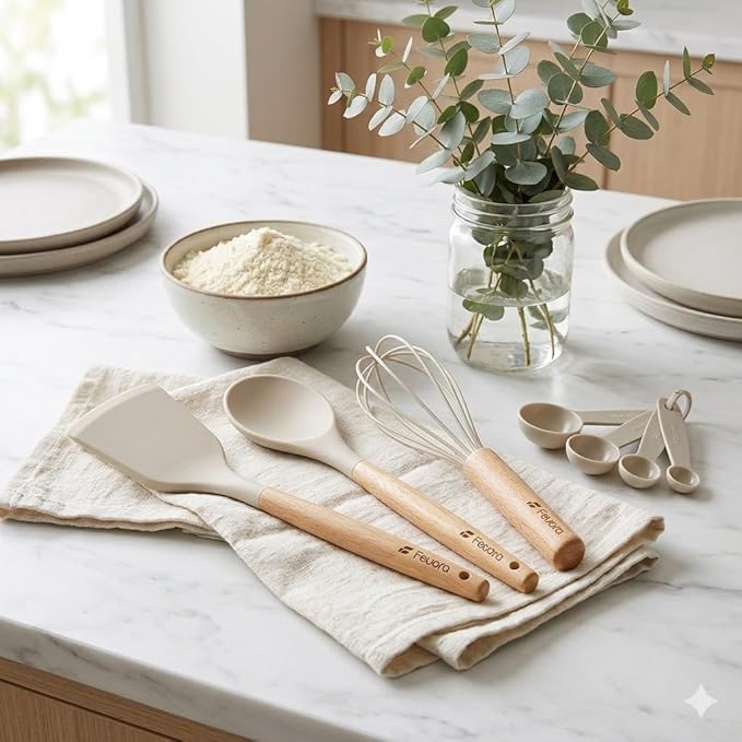 Silicone Kitchen Cooking Utensils Set, 33pcs – 446°F Heat Resistant, Non-stick, BPA-Free, Wooden Handles, Spatula, Turner, Tongs, Spoon, Brush, Whisk – Essential Cooking Gadgets (Khaki)