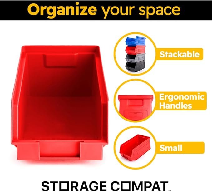 24 Pack Small Storage Bin, Wall Mount Storage, Hanging and Stacking Bin, Freestanding | 7” x 4” x 3” Plastic Container | Red | Zeus 1PLZ03