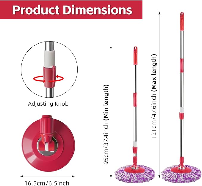 Spin Mop Replacement Handle, 47.6-inch 360 Degrees Rotating Telescopic Replacement Mop Stick with Robust Reinforced Plastic Disc for Spin Mop Bucket Cleaning System (Plastic Disc,Red)