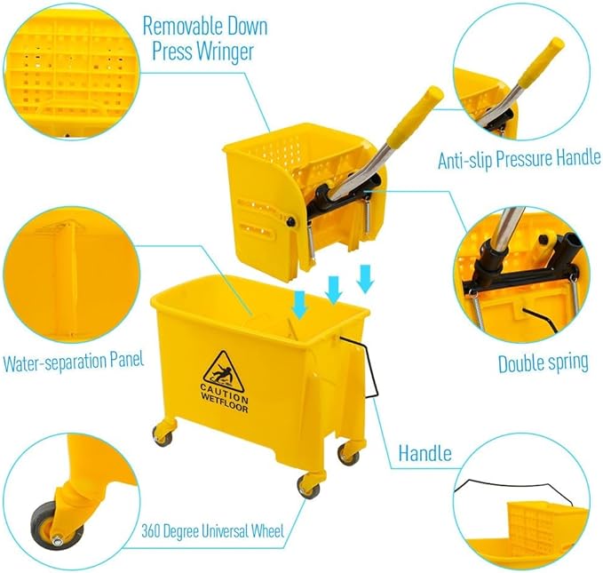 Commercial Mop Bucket with Wheels 20L Gallon, Side Press Wringer Combo Mop Bucket, Combo Cart Set for Restaurant Home Floor Cleaning Use