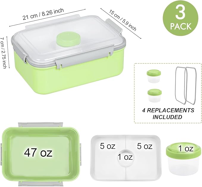 3 Pack Salad Lunch Box Food Storage Containers, 47oz Bento Box To Go Container with Lids, ReusableMeal Prep Containers with Removable Tray & Dressing Pots for Kids and Adults, Microwavable