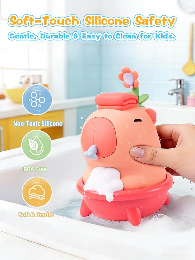 QANYI Automatic Bubble Foam Machine for Kids - Capybara Silicone Touchless Soap Dispenser, IPX7 Waterproof & Rechargeable, Fun Bath Toy to Encourage Child Hygiene from Hand Washing to Bath Time(Pink)