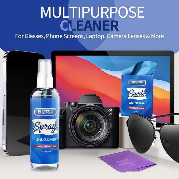Eyeglass Lens Cleaner Spray Kit - (2x2oz) Glasses Cleaner Bottle + (4X) Microfiber Cloth 6.9"×5.7", Alcohol Free Eyeglasses, Screen