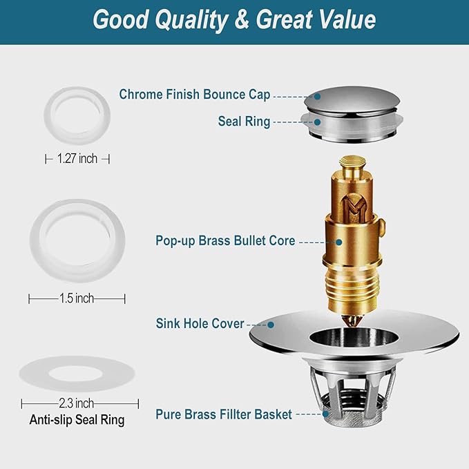 Universal Bathroom Sink Stopper - Upgraded Pop up Drain Strainer with Hair Catcher, Fits 1.1-1.5 Inch U.S. Standard Drain Holes - Anti-Clogging Filter