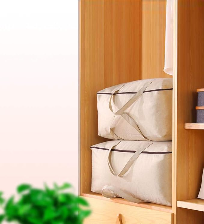 2-Pack Heavy Duty Canvas Cotton Storage Bags for King/Queen Duvets | Soft & Breathable | 3-Zip Opening, Dust Proof Blanket Organizer Bag | 23.6 * 8.7 * 17.7inches