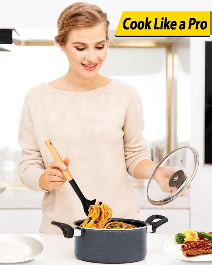 Pack of 2 Spaghetti Spoon, Silicone Pasta Fork with Wooden Handle, Heat Resistant Noodle Spoon Server, BPA Free Spaghetti Strainer(BLACK-KHAKI)