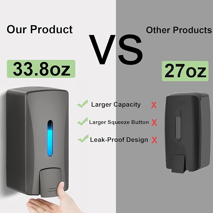 Hand Soap Dispenser 33.8oz Wall Mount, Commercial Grade No Drip Gray Soap Dispenser for Kitchen, Bathroom,Liquid Soap,Hand Sanitizer, Drill or Adhesive Mount, with Visible Window
