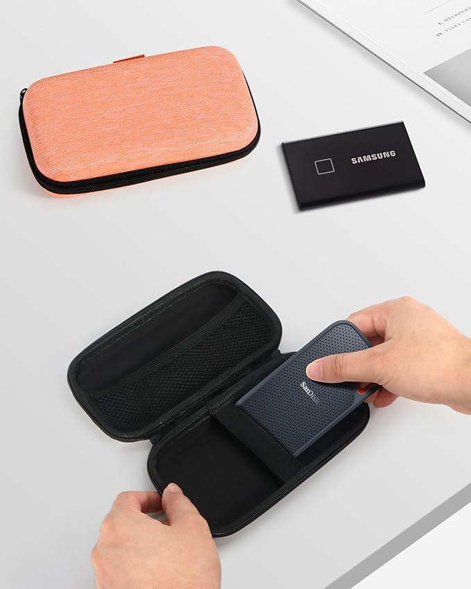 Light-Orange Small Carrying Case Universal Travel Case for Sandisk, Samsung SSD, Earbuds, Cable, Hard Disk, MP3 Player - Portable Storage Pouch Bag - Shockproof Electronic Accessories Organizer