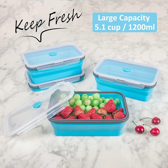 Collapsible Food Storage Containers with Airtight Lid & Air Vent, 40.5 oz, Kitchen Stacking Silicone Collapsible Meal Prep Container Set for Leftover
