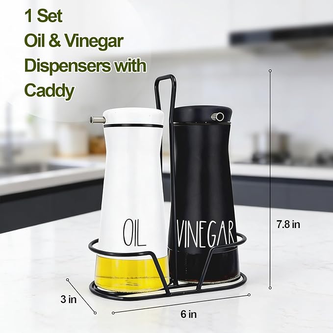 Aelga Oil And Vinegar Dispenser Set with Caddy - 2 Pack Oil Dispenser Bottles for Kitchen with No-Drip - Kitchen Decor and Accessories for Home Restaurants Weddings, Black & White