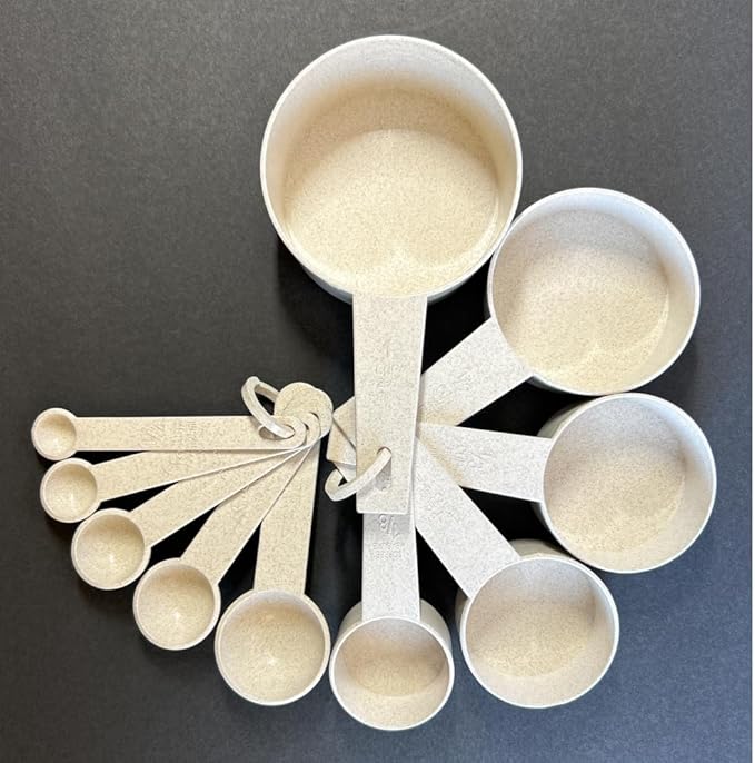 10 pcs Wheat Straw Measuring Cups and Spoons Set, Made of Natural Wheat Straw Fiber and Food Grade PP Material, BPA Free, Stackable, Microwave, Freezer and Dishwasher Safe, Cream Color