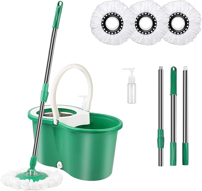 Spin Mop and Bucket Set,for Floor Cleaning,with 56" Adjustable Handle and 3 Microfiber Mophead(20QT Green)