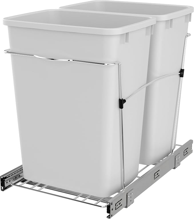 Rev-A-Shelf RV-18KD-11C S Double Pullout Trash Can for Kitchen Cabinets 35 Qt Garbage Recycling Bin on Full-Extension Slides, White