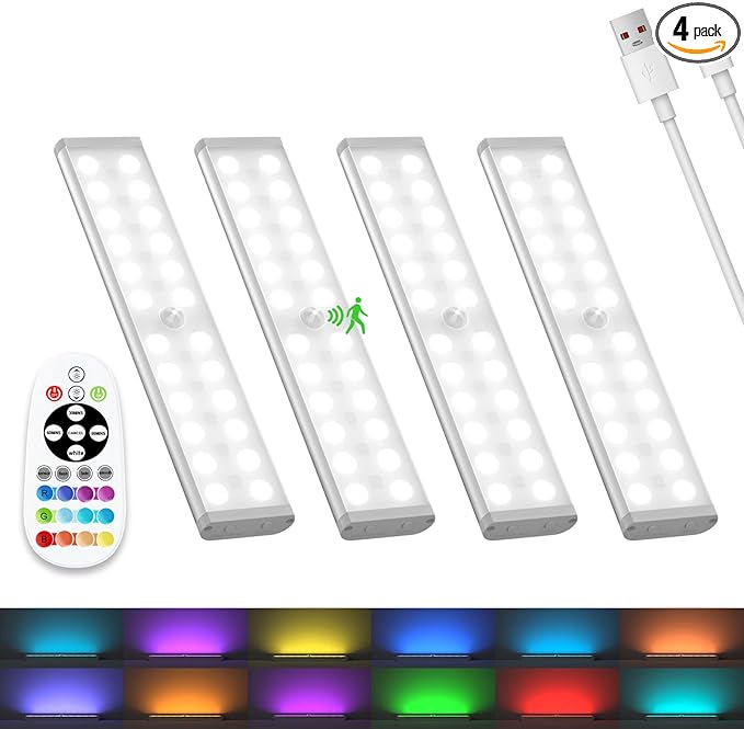 Under Cabinet Lights Wireless, 58-LED Rechargeable Motion Sensor Closet Lights with Remote Control, RGB Color Changing Under Counter Lights for Kitchen, Pantry, Bedroom, Stairs, 4 Pack