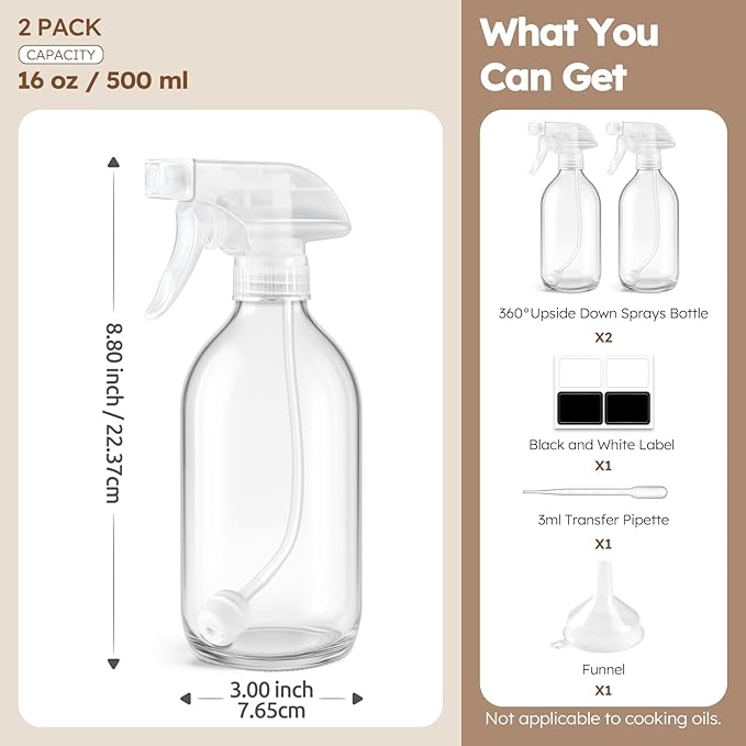 Tecohouse 2 Pack 360° Glass Spray Bottles Clear, 16 oz Empty Refillable Containers with Adjustable Spray Nozzles, Spray Bottles for Cleaning Solutions and Plants