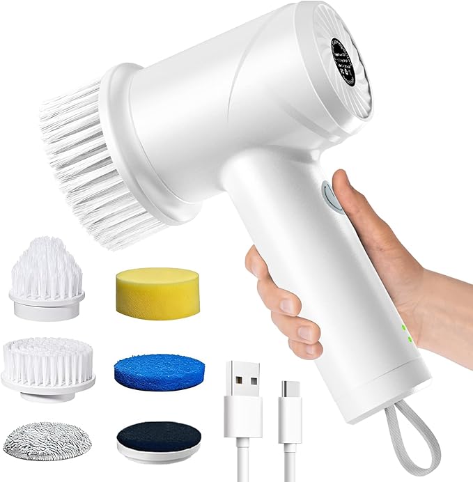 Electric Spin Scrubber - Cordless IPX7 Waterproof Shower Scrubber with 2 Speed Settings and 6 Replaceable Heads，Electric Cleaning Brush for Bathroom，Kitchen and Windows