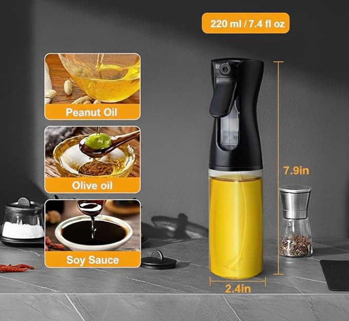 Olive Oil Sprayer for Cooking 220ml, Refillable Glass Oil Dispenser Bottle with Fine Mist Spray, Kitchen Oil Mister for Air Fryer, Salad, BBQ, Roasting and Baking