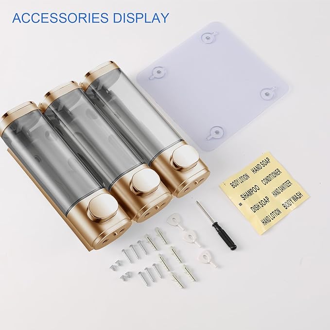 Shower Soap Dispenser Wall Mounted Shampoo and Conditioner Dispenser No Drill 3 Chamber Large Capacity for Bathroom Hotel, Gold