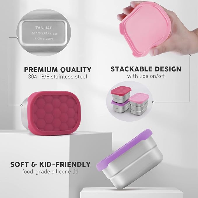 Tanjiae Small (1 CUP) Stainless Steel Snack Containers for Kids | Easy Open Leak Proof Food Containers with Silicone Lids