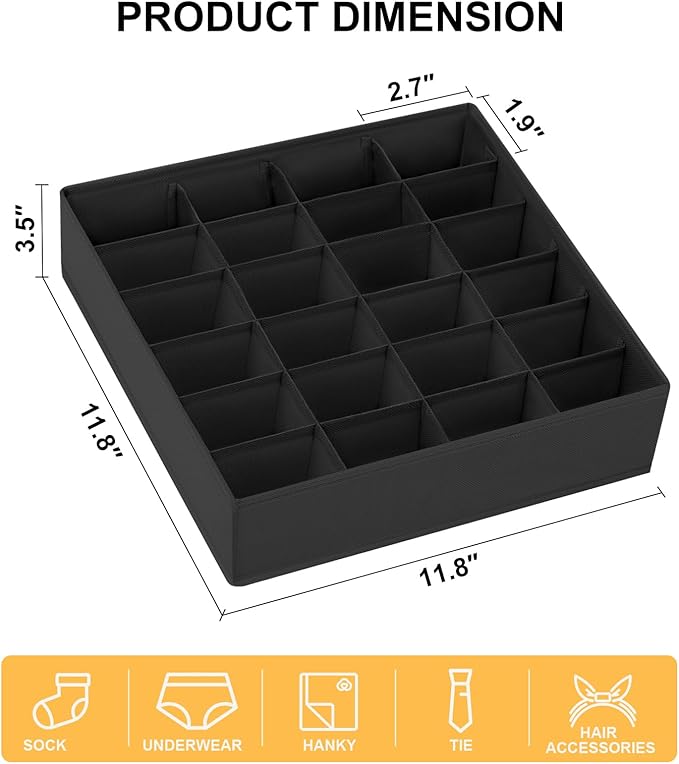 Joyoldelf Sock Drawer Organizer Divider 2 Packs Underwear Organizer, 24 Cell Collapsible Closet Cabinet Organizer Underwear Storage Boxes for Storing Socks, Handkerchiefs, Ties, Belts (Black)