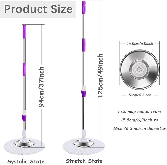 Spin Mop Replacement Handle, 49-inch 360 Degree Rotating Telescopic Spin Mop Pole Handle and Stainless Steel Mop Disc for Household Floor Cleaning Accessories (Purple)