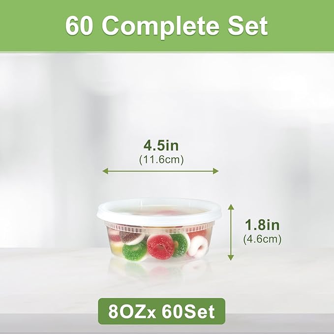 Dipoo 60 Sets (120-Piece) Deli Containers with Lids 8 oz, Leak-Proof & BPA Free Airtight Takeout Plastic Food Storage Containers for Soup, Freezer/Microwave/Dishwasher Safe