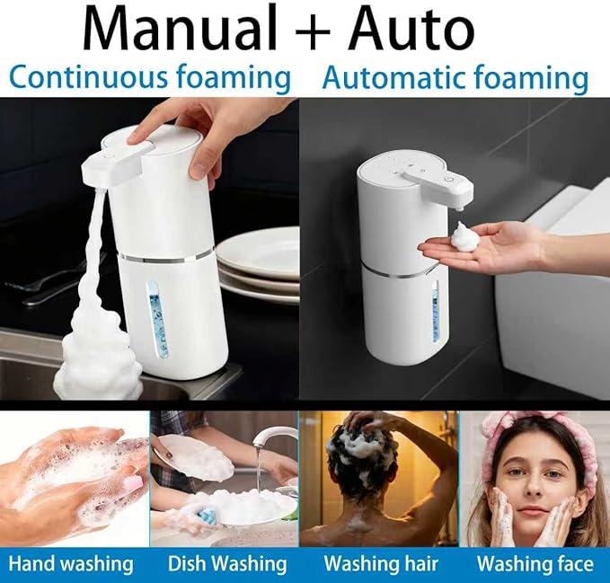 Automatic Touchless Foam Soap Dispenser, 4-Level Adjustable Foam, Continuous Foaming and Self-Cleaning Mode, Type-C Rechargeable, Wall Mount or Countertop (Foam)