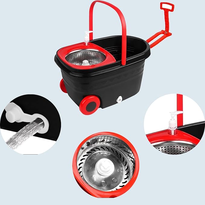 Mop Bucket with Wringer On Wheels,360°Spin Mop and Bucket,with Stainless Steel Handle and 3 Microfiber Mop Replacement Heads(25QT)