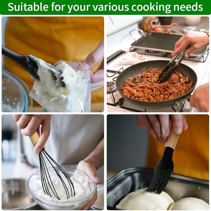 Kitchen Utensils Set for Cooking : 12 Pieces Silicone Wood Handle Kitchen Spatula Set - Heat Resistant Kitchen Gadgets Tools for Non-Stick Cookware (Black)