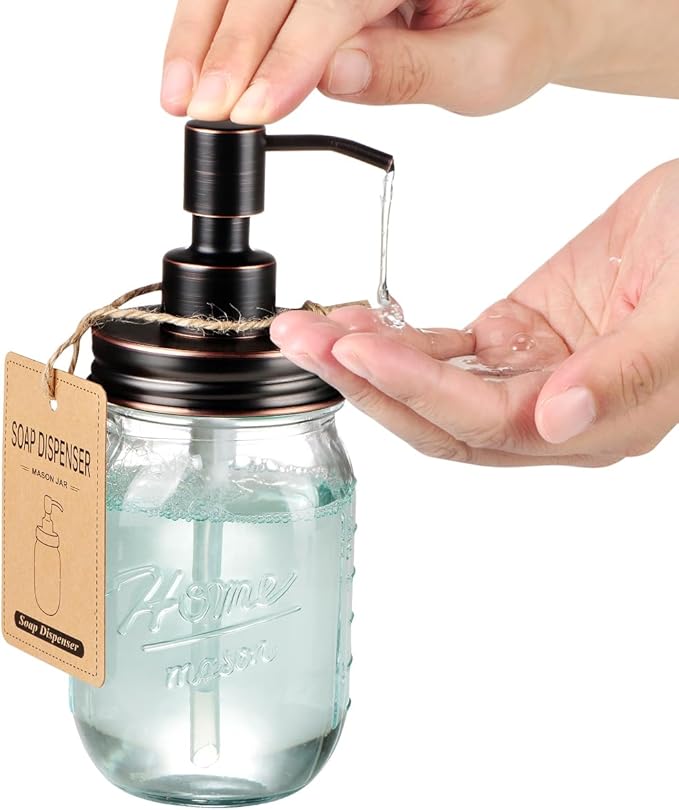 Amolliar Mason Jar Liquid Soap Dispenser, Rustproof Stainless Steel Replacement Pump Lid, Cute Farmhouse Decor for Kitchen, Bathroom, Refillable Hand Soap, Dish Soap, Lotion Soap, Rubbed Bronze-2 Pack
