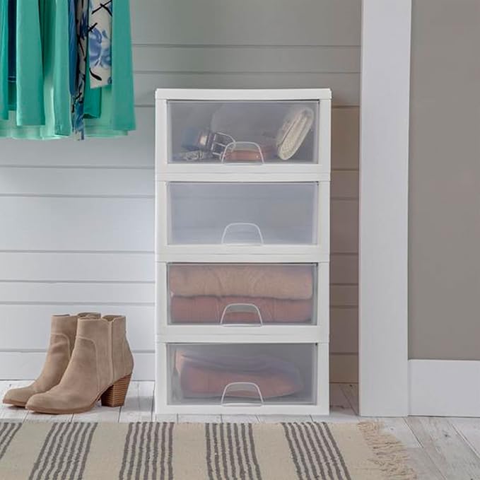 6-Pack 16 Quart Stacking Drawer, Clear Storage Closet Organizer, White Frame