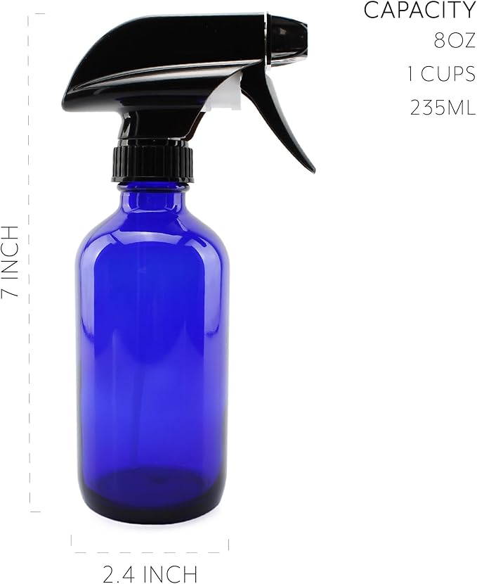 Cornucopia Brands 8-Ounce Cobalt Blue Glass Boston Round Spray Bottles (2 Pack) 3-Setting Heavy Duty Sprayers, Empty Refillable Bottle