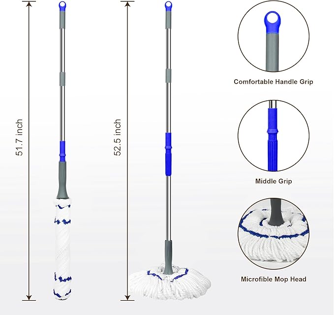Self Wringing Floor Cleaner with 52.5 Inch Long Handle, Heavy Duty Wet Mop for Hardwood, Tile, Vinyl, Laminate Floors (White)