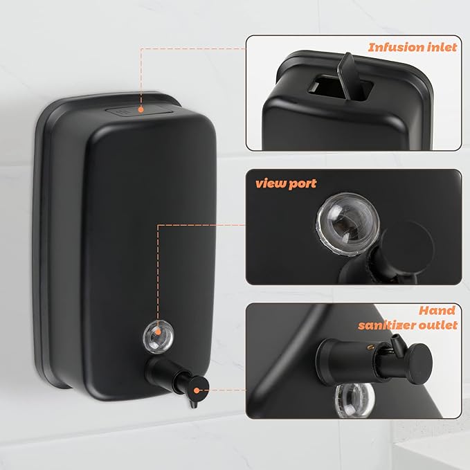 Wall Mounted Soap Dispenser, 1000ml/33.8 fl.oz, Black Metal