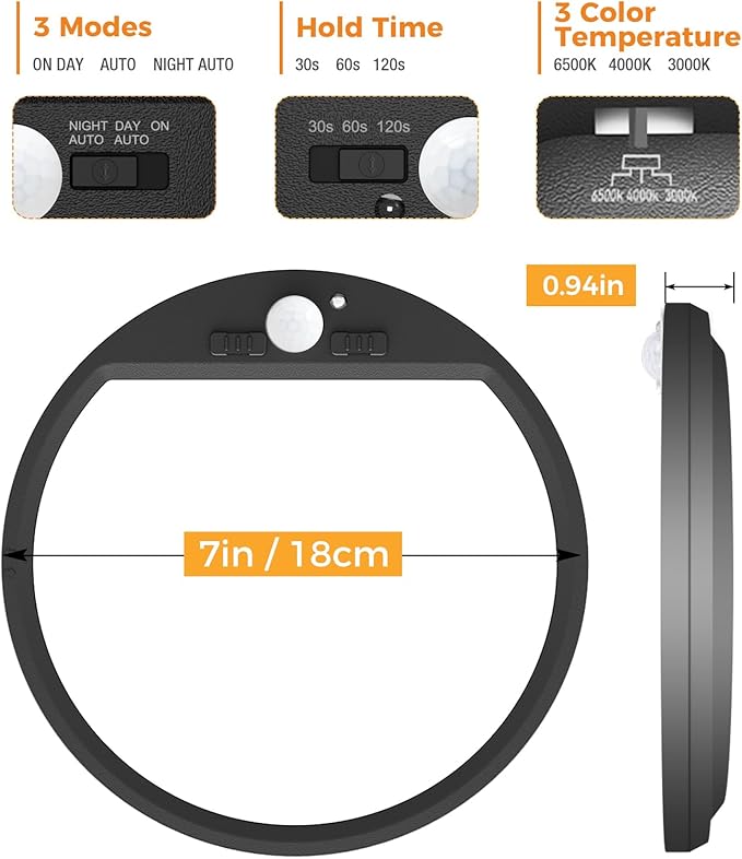 slochi 2Pack Motion Sensor Light Indoor Wired PIR, 3000K/4000K/6500K Closet Lights Motion Sensored, 15W 1500LM 7 in, Timer, Motion Activated Flush Mount Ceiling Light for Hallway Wall Pantry, Black