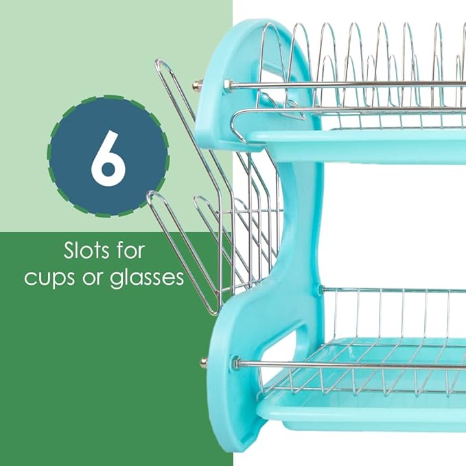 2 Tier Dish Drainer, by Home Basics (Turquoise) Dish Rack for Kitchen Counter, with Cutlery Holder and Cup Slots