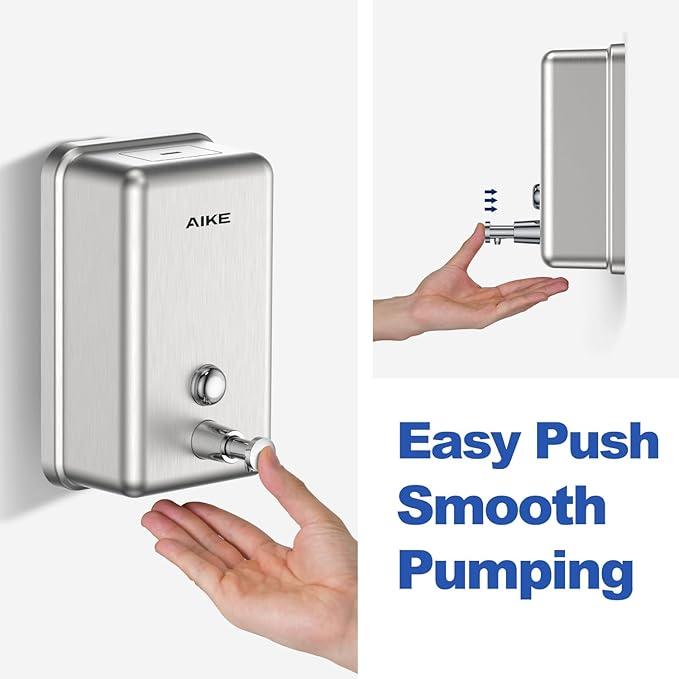 AIKE Nail-Free Glue Wall Mount Stainless Steel Soap Dispenser, 37oz for Commercial Brushed Stianless Steel Finish,Model AK1003