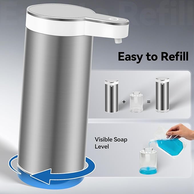 Automatic Foaming Soap Dispenser, 11.8 oz Stainless Steel Touchless Soap Dispenser with Digital Display for Bathroom & Kitchen,4-Level Adjustable Dispensing, IPX5 Waterproof