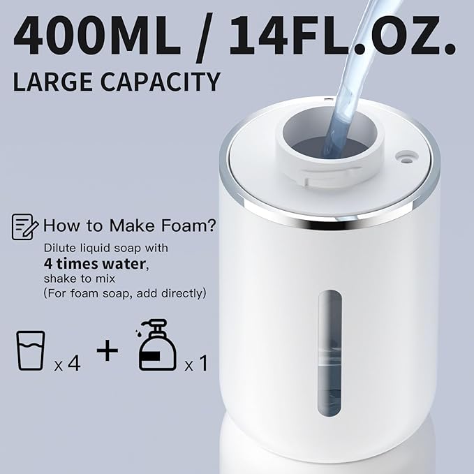 CHICLEW Automatic Foam Soap Dispenser 400ML, Rechargeable Liquid Hand Soap Dispensers Touchless with 4 Adjustable Levels, Motion Sensor Waterproof Wall Mount Foaming Soap Dispenser for Bathroom