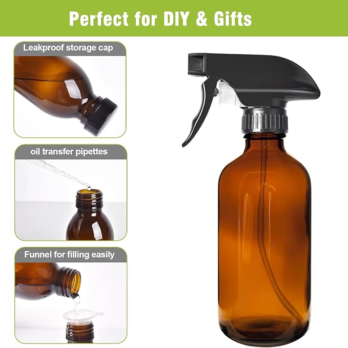 8OZ Amber Glass Spray Bottles - 2 Pack - Empty Refillable Bottle for Essential Oils, Plants, Cleaning Solutions, Hair Mister - Durable Nozzle w/Fine Mist and Stream Setting