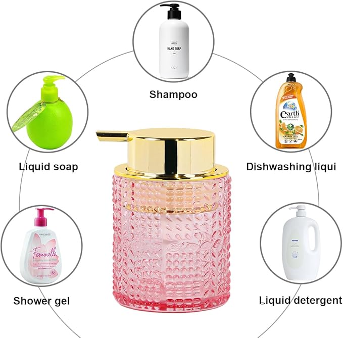 2pcs Glass Foaming Soap Dispenser, Pink Bathroom Foam Hand Soap Dispenser with Gold Pump, Refillable 10 Oz Lotion Shampoo Pump Dish Bottle Container for Bathroom Kitchen Decor
