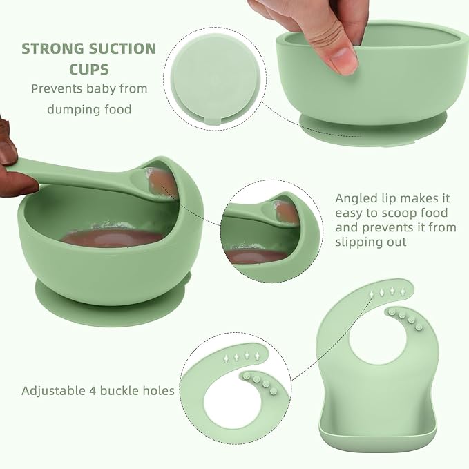 16 Pack Silicone Baby Feeding Set, BPA-Free Baby LED Weaning Supplies, Include Suction Plates, Baby Bowls, Silicone Fork & Spoon, and More, First Stage Baby Food Eating Utensils - 6+ Months(Green, 16)