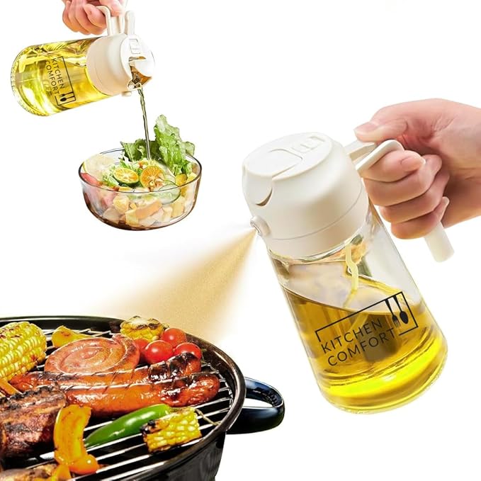 2 in 1 Oil Sprayer & Dispenser - 16oz/470ml Glass Bottle - Air Fryer, Frying, Baking, Olive Oil - Off White