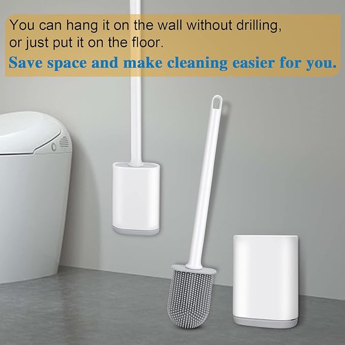 Silicone Toilet Brush and Holder Bendable Efficient Cleaning Wall Mounted Toilet Bowl Brush with Long Handle Brush Head and Silicone Bristles No Rusty