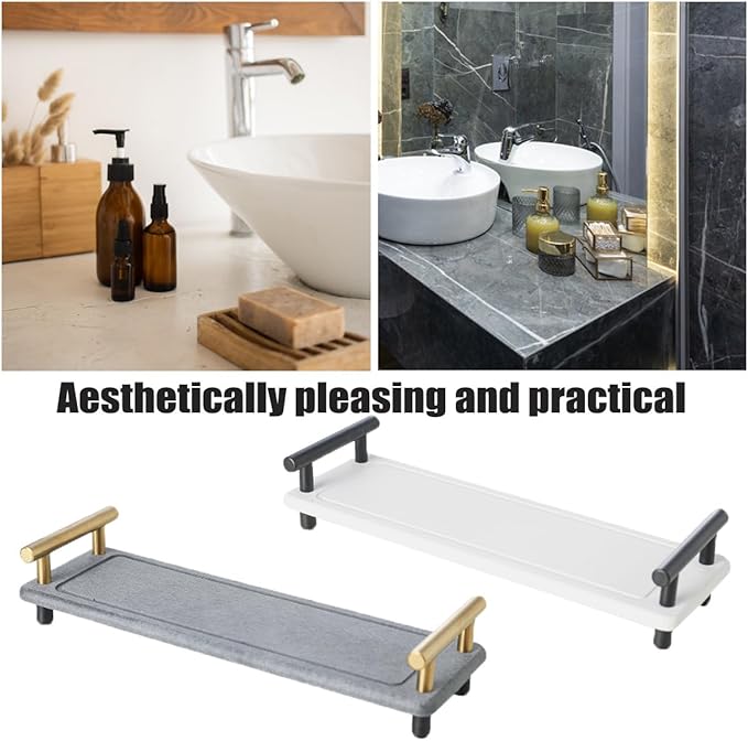 Instant Dry Sink Caddy Organizer,Diatomaceous Earth Bathroom Organizer with Handle Water Absorbing Stone Tray for Sink Water Absorbent Diatomite Coasters (S White Silver Handle)